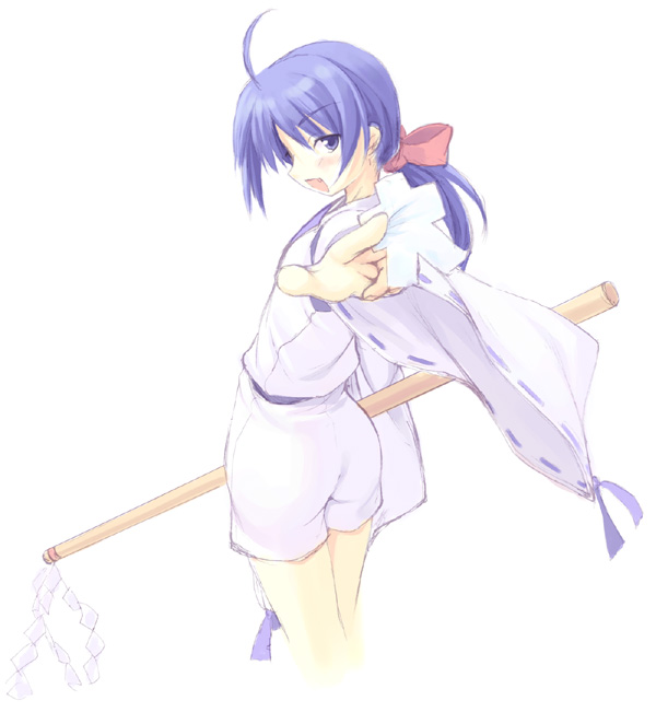 poco (asahi age), ichijou akari, bakumatsu rouman, snk, 1girl, ahoge, blue eyes, blue hair, bow, cowboy shot, fang, female focus, foreshortening, from side, gohei, hair ribbon, holding, long sleeves, looking at viewer, low ponytail, matching hair/eyes, oonusa, open mouth, outstretched arm, pointing, pointing at viewer, ponytail, ribbon, ribbon-trimmed sleeves, ribbon trim, shide, shikigami, shorts, simple background, solo, white background, wide sleeves