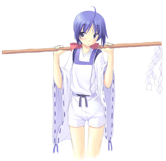 poco (asahi age), ichijou akari, bakumatsu rouman, snk, 1girl, ahoge, blue eyes, blue hair, bow, cowboy shot, cropped legs, female focus, gohei, hair ribbon, hands up, holding, japanese clothes, long sleeves, matching hair/eyes, onmyouji, oonusa, ponytail, ribbon, ribbon-trimmed sleeves, ribbon trim, shide, short hair, shorts, simple background, solo, white background, wide sleeves