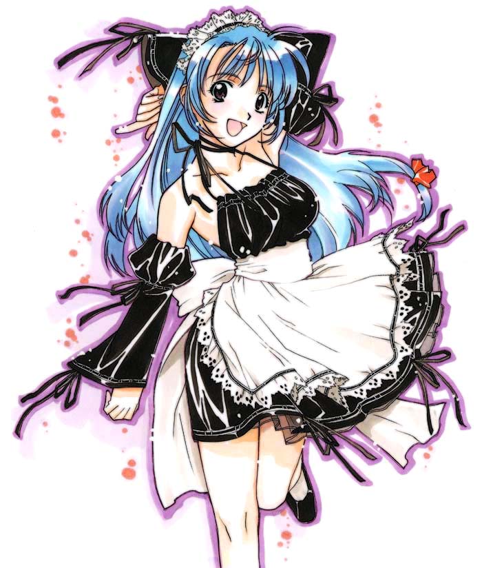 konasu (akanekotei), original, 1girl, apron, bare shoulders, blue hair, blush, bow, clothes lift, collarbone, detached sleeves, female focus, frills, gathers, lace, leg up, long hair, long sleeves, looking at viewer, maid, maid apron, maid headdress, open mouth, outline, purple eyes, purple outline, ribbon, shoes, skirt, skirt lift, smile, solo, standing, standing on one leg, waist apron, white background