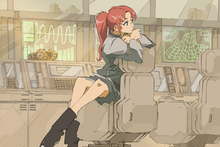 meyrin hawke, gundam, gundam seed, gundam seed destiny, artist request, 00s, 1girl, boots, chair, computer keyboard, control station, crossed arms, female focus, headphones, long hair, long sleeves, military, military uniform, monitor, on chair, ponytail, red hair, sitting, sitting sideways, skirt, solo, twintails