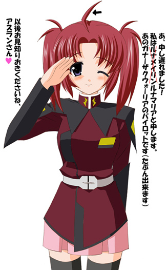 lunamaria hawke, meyrin hawke, gundam, gundam seed, gundam seed destiny, translation request, 00s, 1girl, ahoge, arrow (symbol), belt, black thighhighs, blue eyes, blush, cosplay, female focus, long sleeves, lunamaria hawke (cosplay), military, military uniform, one eye closed, red hair, salute, simple background, skirt, solo, thighhighs, twintails, white background, wink, zettai ryouiki