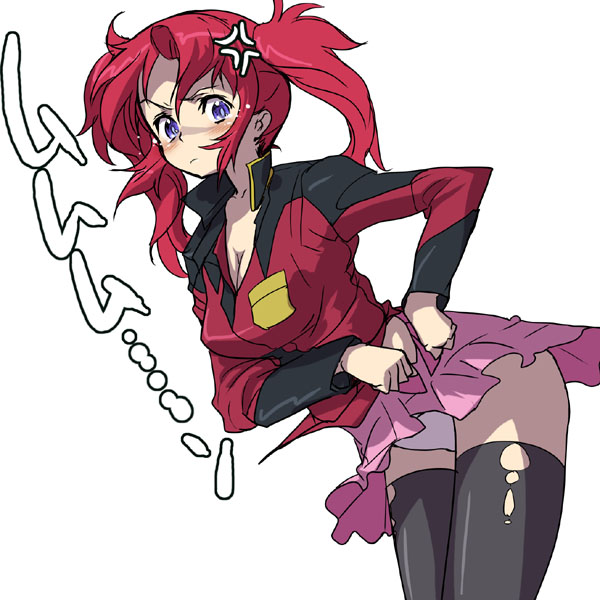 akaga hirotaka, lunamaria hawke, meyrin hawke, gundam, gundam seed, gundam seed destiny, translated, 00s, 1girl, anger vein, angry, black thighhighs, blue eyes, blush, breasts, cleavage, cosplay, embarrassed, female focus, flying teardrops, jacket, large breasts, leaning forward, long hair, long sleeves, lunamaria hawke (cosplay), military, military uniform, miniskirt, open clothes, open shirt, panties, pantyshot, red hair, shirt, skirt, solo, standing, tears, thighhighs, torn clothes, torn thighhighs, twintails, underwear, upskirt, white panties