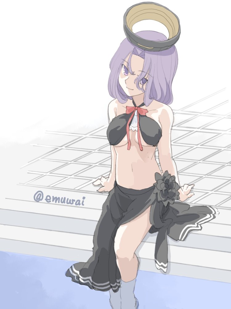 emuwai, tatsuta (kancolle), tatsuta (swimsuit) (kancolle), kantai collection, 1girl, bikini, black bikini, black sarong, breasts, criss-cross halter, halo, halterneck, headgear, loosely tucked bangs, mechanical halo, medium breasts, official alternate costume, one-hour drawing challenge, poolside, sarong, soaking feet, solo, swimsuit, twitter username, water