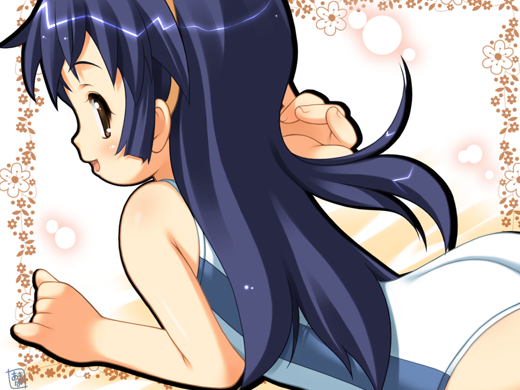 akiba hideki, amano misao, battle programmer shirase, 00s, 1girl, bare arms, bare shoulders, blue hair, blush, brown eyes, child, female focus, hairband, long hair, looking at viewer, looking back, one-piece swimsuit, open mouth, smile, solo, swimsuit, upper body