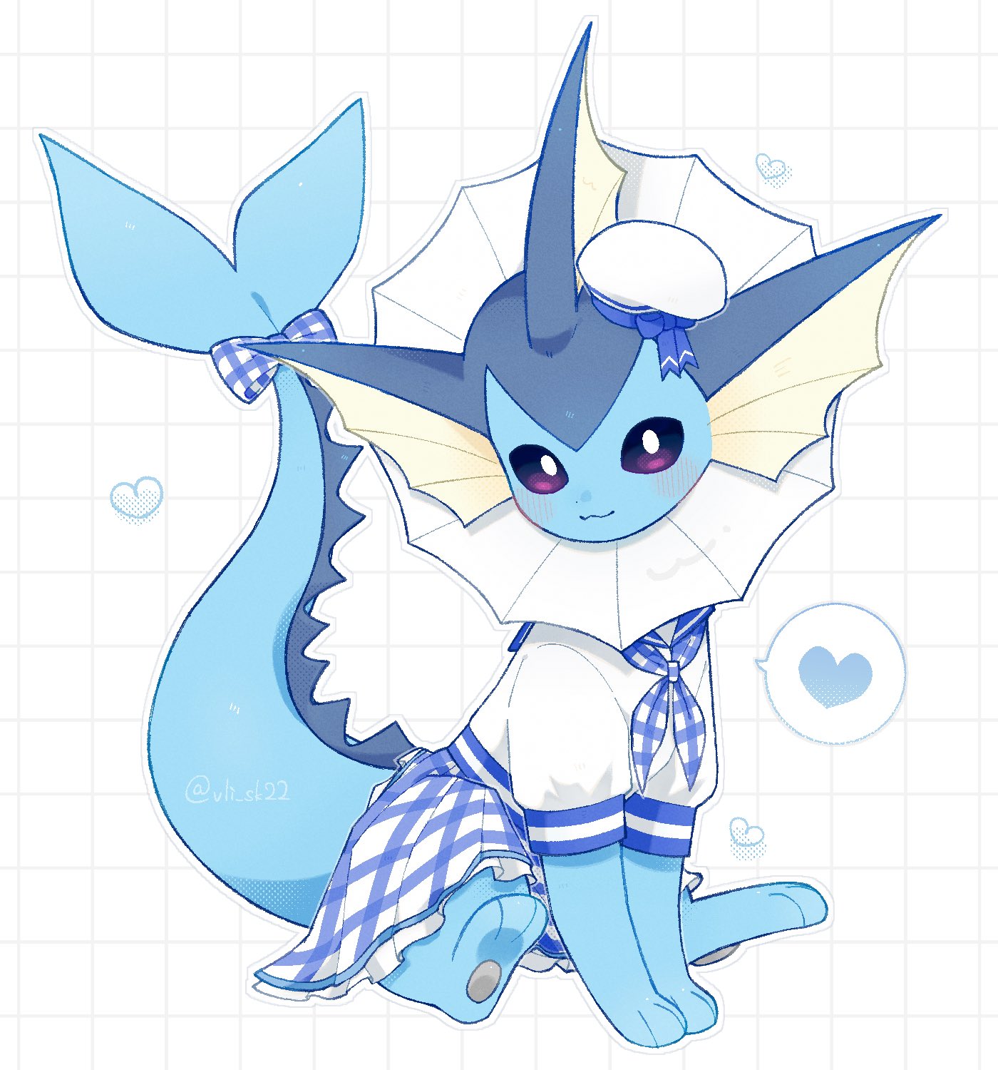 vli sk22, vaporeon, nintendo, pokemon, commentary request, highres, blush, bow, closed mouth, dress, frills, gen 1 pokemon, hat, heart, no humans, pokemon (creature), pokemon focus, purple eyes, sailor dress, sailor hat, sitting, smile, tail, tail bow, tail ornament