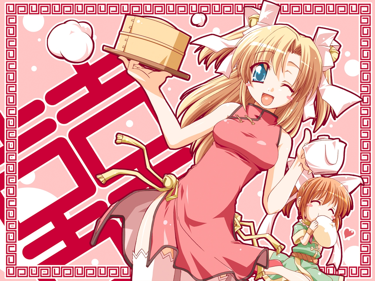 mikage (curry berg dish), hagino kana, housen elis, canvas (cocktail soft), canvas 2, 00s, 2girls, bamboo steamer, bell, blonde hair, blue eyes, china dress, chinese clothes, dim sum, dress, dumpling, eating, food, happy, heart, multiple girls, one eye closed, side slit, steamed bun, teapot, thighhighs, waitress, white thighhighs, wink