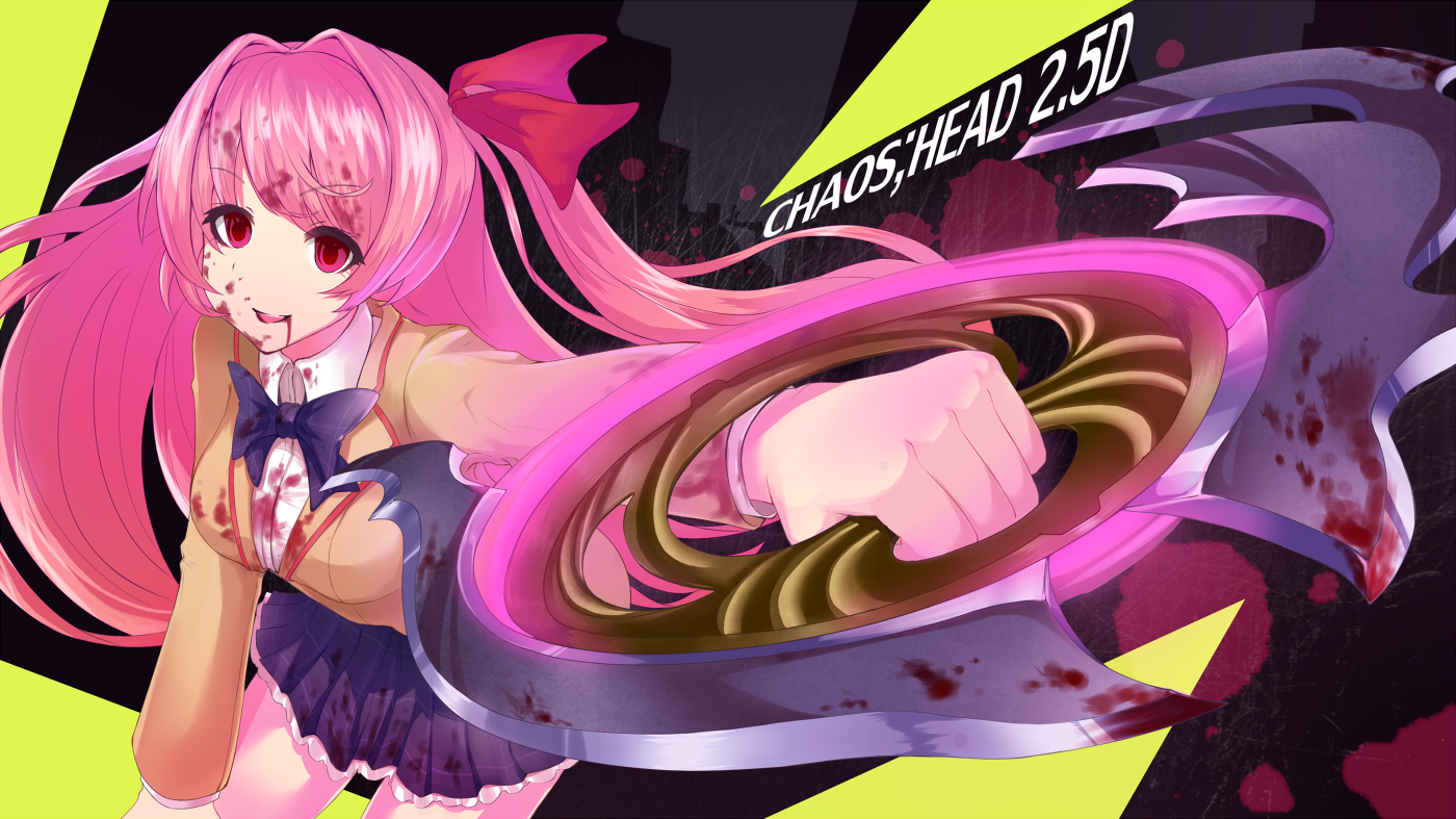 beelzelub, sakihata rimi, chaos;head, science adventure, 1girl, blazer, blood, blood from mouth, blood in hair, blood on clothes, blood on face, bloody weapon, bow, bowtie, breasts, brown jacket, collared shirt, d-sword, dress shirt, hair bow, holding, holding sword, holding weapon, jacket, lapels, looking at viewer, medium breasts, miniskirt, notched lapels, one side up, open mouth, pink eyes, pink hair, plaid bow, plaid bowtie, plaid clothes, plaid skirt, pleated skirt, purple bow, purple bowtie, purple skirt, school uniform, shirt, skirt, solo, suimei academy school uniform, sword, teeth, thick thighs, thighs, tongue, upper teeth only, weapon, white petticoat, white shirt