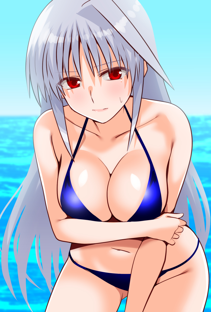 engo (aquawatery), reinforce, lyrical nanoha, mahou shoujo lyrical nanoha, mahou shoujo lyrical nanoha a's, commentary request, 1girl, arm under breasts, bikini, blue bikini, breasts, cleavage, closed mouth, collarbone, grey hair, large breasts, leaning forward, long hair, looking at viewer, red eyes, solo, swimsuit, very long hair