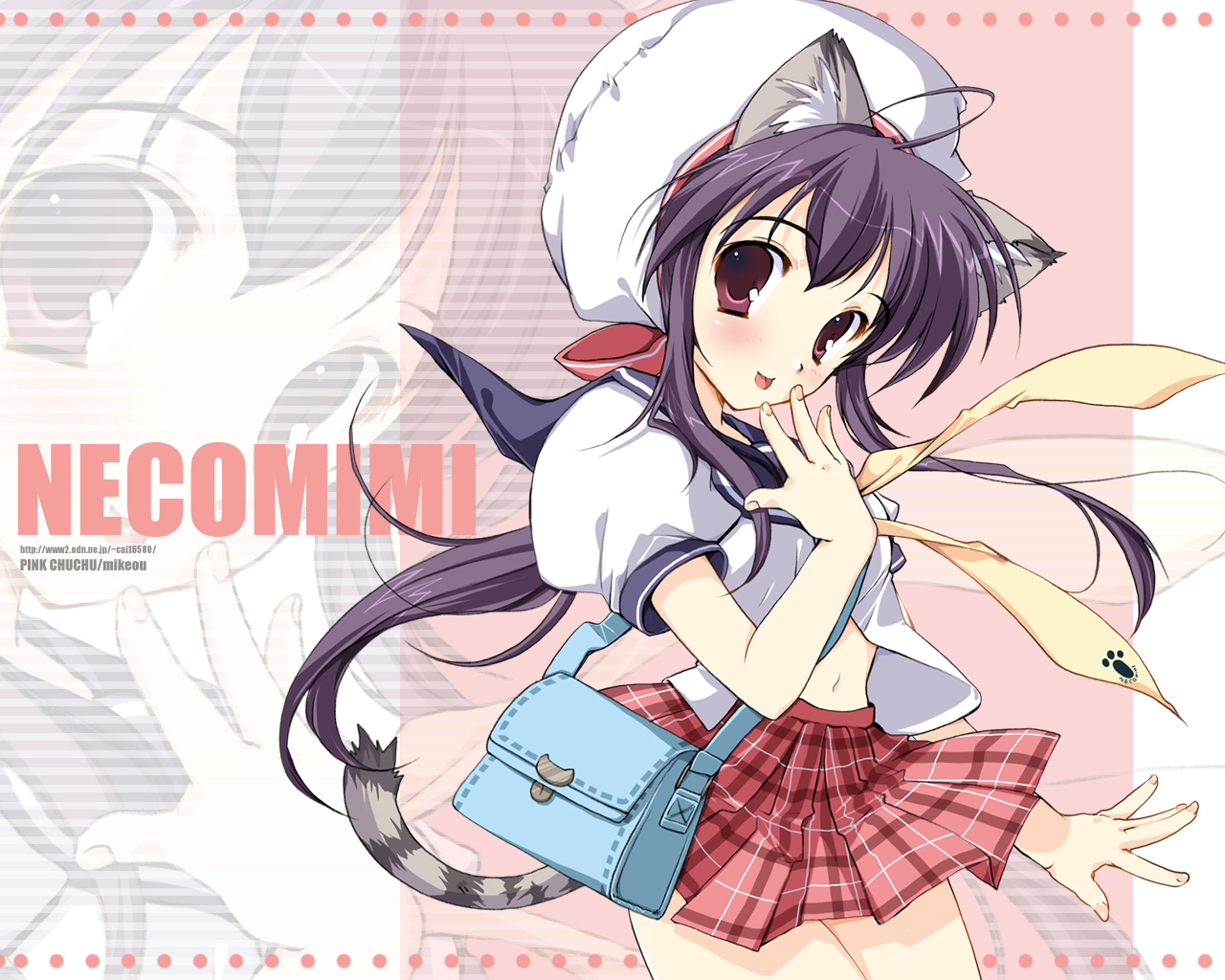 mikeou, original, 1girl, ahoge, animal ears, bag, cat ears, cat girl, cat tail, checkered clothes, checkered skirt, clothes lift, female focus, hand to own mouth, hat, long hair, pleated skirt, puffy short sleeves, puffy sleeves, purple eyes, purple hair, romaji text, school uniform, serafuku, short sleeves, shoulder bag, skirt, skirt lift, smile, solo, striped tail, tail, zoom layer