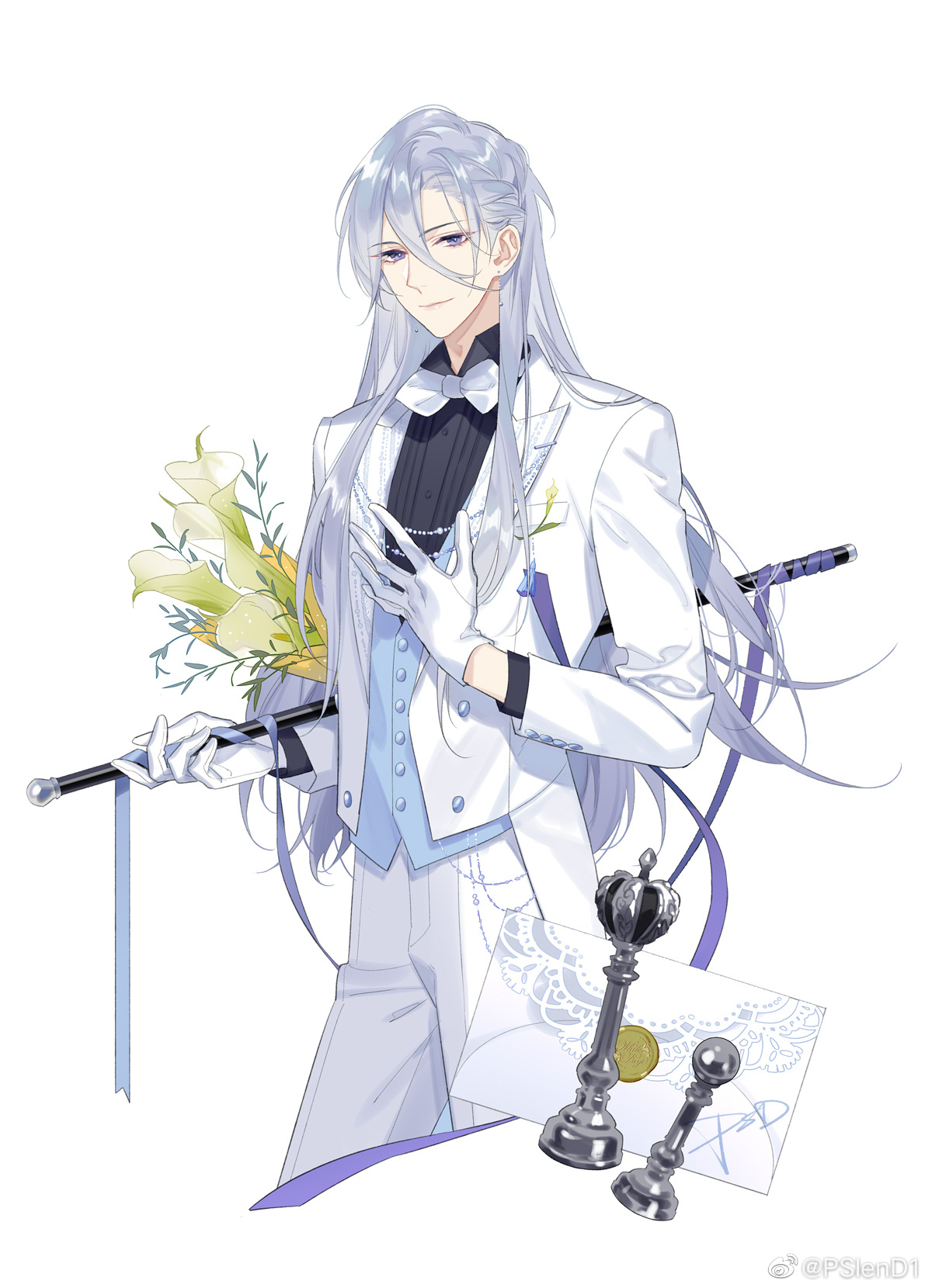 psd (psdgai), cael anselm, lovebrush chronicles, chinese commentary, highres, 1boy, black shirt, blue vest, bouquet, bow, bowtie, calla lily, cane, carrying, carrying under arm, chess piece, closed mouth, cropped legs, earrings, envelope, flower, formal clothes, gloves, grey hair, hair behind ear, hair between eyes, hand on own chest, holding, holding bouquet, holding cane, jacket, jewelry, letter, long hair, long hair between eyes, long sleeves, looking at viewer, male focus, pants, purple eyes, purple ribbon, ribbon, shirt, side part, simple background, smile, solo, standing, suit, sweater guard, tailcoat, very long hair, vest, wallet chain, watermark, wax seal, weibo watermark, white background, white bow, white bowtie, white gloves, white jacket, white pants, white suit