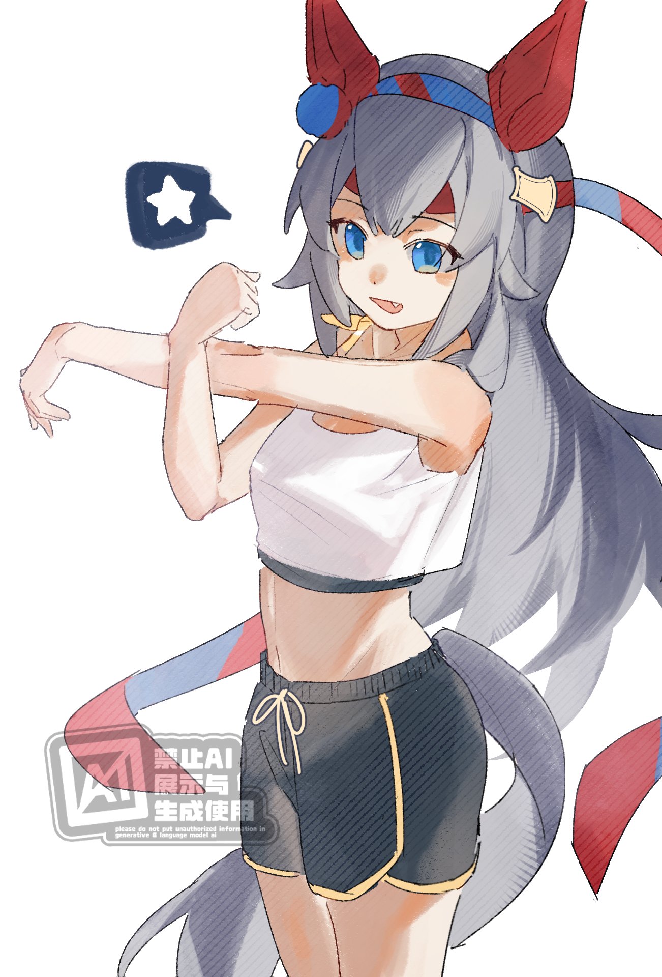 tamamo cross (umamusume), umamusume, highres, 1girl, animal ears, black shorts, blue eyes, blue hairband, blush, crop top, cross-body stretch, ear covers, ear ornament, fang, grey hair, grey tail, hair between eyes, hairband, headband, horse ears, horse girl, horse tail, long hair, midriff, navel, open mouth, red headband, shirt, shorts, simple background, sirius ica, sleeveless, smile, solo, stretching, striped clothes, striped hairband, tail, very long hair, white background, white shirt, workout clothes