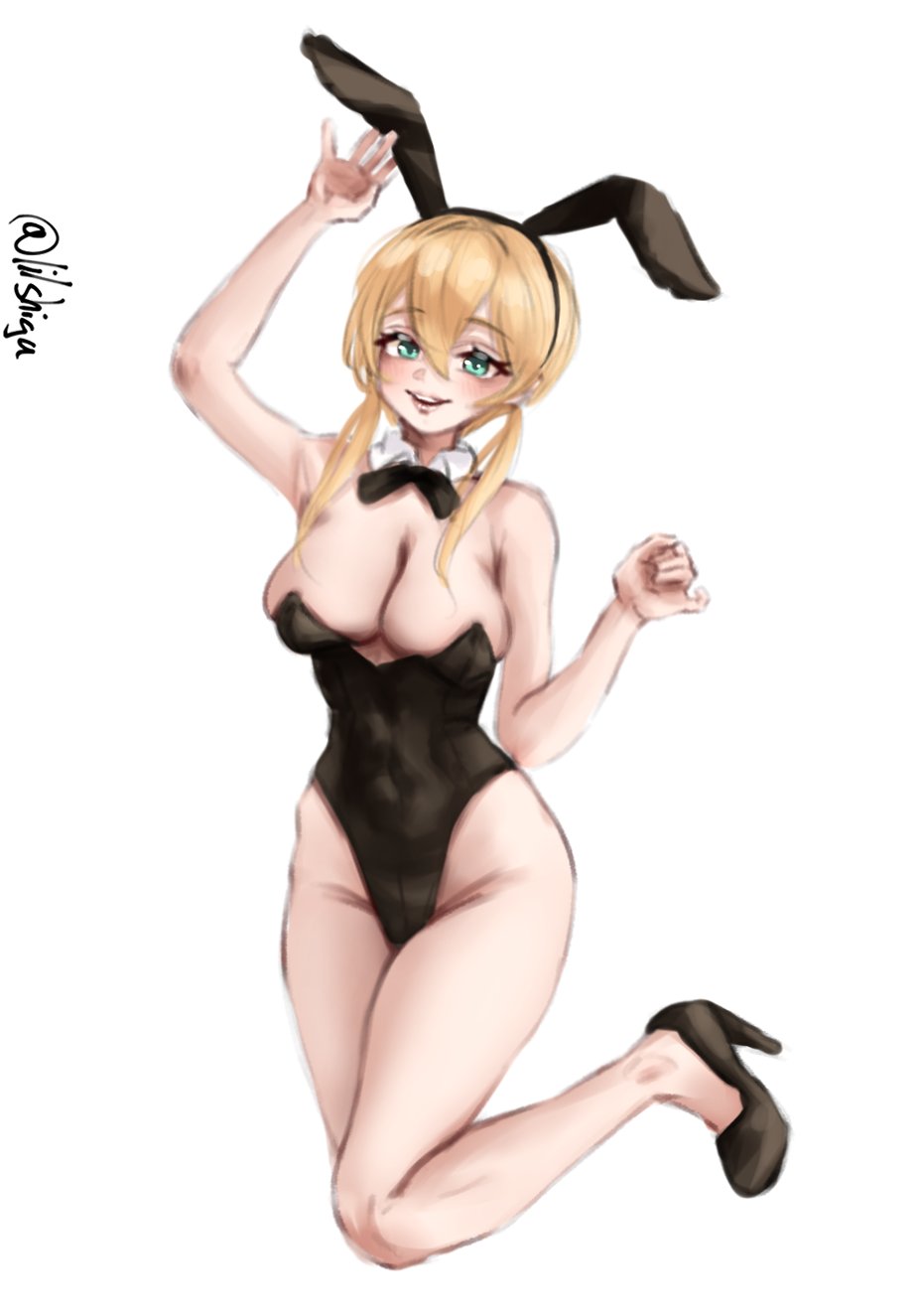 lilshigu, prinz eugen (kancolle), kantai collection, highres, 1girl, animal ear hairband, animal ears, bare legs, black bow, black bowtie, black leotard, blonde hair, blue eyes, bow, bowtie, breasts, detached collar, fake animal ears, full body, hairband, large breasts, leotard, long hair, looking at viewer, low twintails, one-hour drawing challenge, playboy bunny, rabbit ears, rabbit tail, simple background, solo, strapless, strapless leotard, tail, twintails, twitter username, white background
