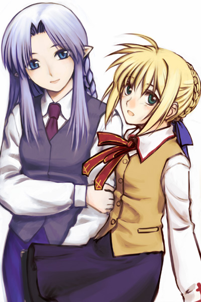artoria pendragon (fate), medea (caster) (fate), medea (fate), saber (fate), fate/stay night, fate (series), print neckwear, purple neckwear, 00s, 2girls, ahoge, alternate costume, blonde hair, blue eyes, blue hair, blue ribbon, blue skirt, blush, braid, brown vest, cross, cross print, green eyes, grey vest, hair ribbon, homurabara academy school uniform, long sleeves, looking at viewer, multiple girls, neck ribbon, necktie, open mouth, pointy ears, print ribbon, purple skirt, red ribbon, ribbon, school uniform, serafuku, shirt, skirt, smile, vest, white shirt
