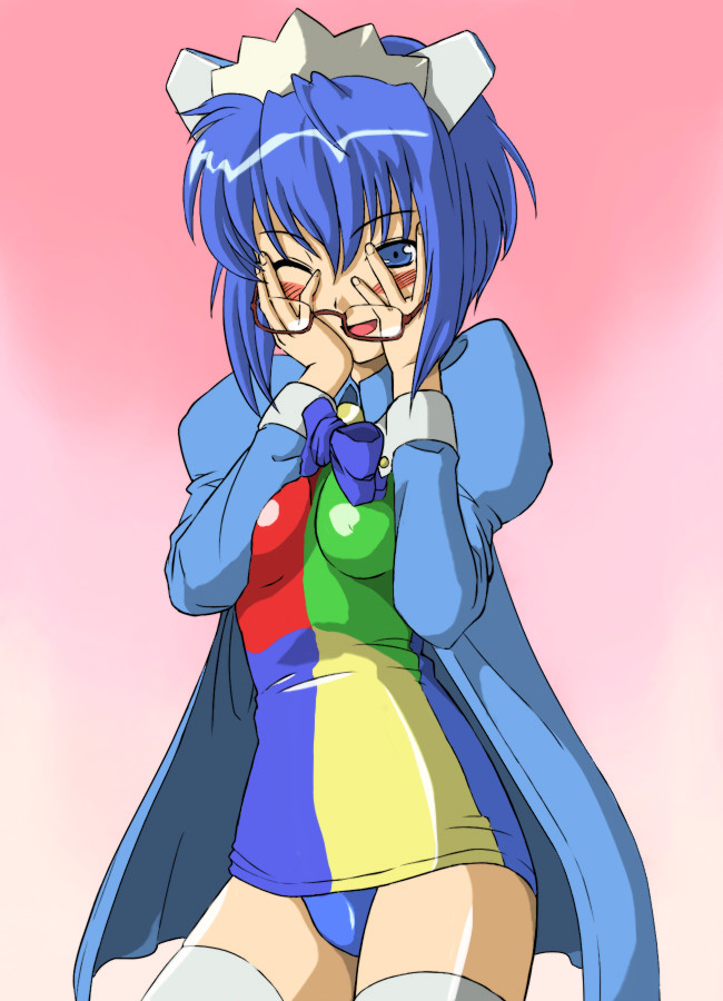 michael f91, 2k-tan, os-tan, multicolored clothes, 1girl, :d, blue eyes, blue hair, blue jacket, blue ribbon, blush, breasts, covering face, cowboy shot, female focus, glasses, gradient background, headgear, jacket, long sleeves, looking at viewer, medium breasts, one eye closed, open clothes, open jacket, open mouth, panties, pink background, puffy long sleeves, puffy sleeves, ribbon, short hair, smile, solo, standing, thighhighs, underwear, white thighhighs