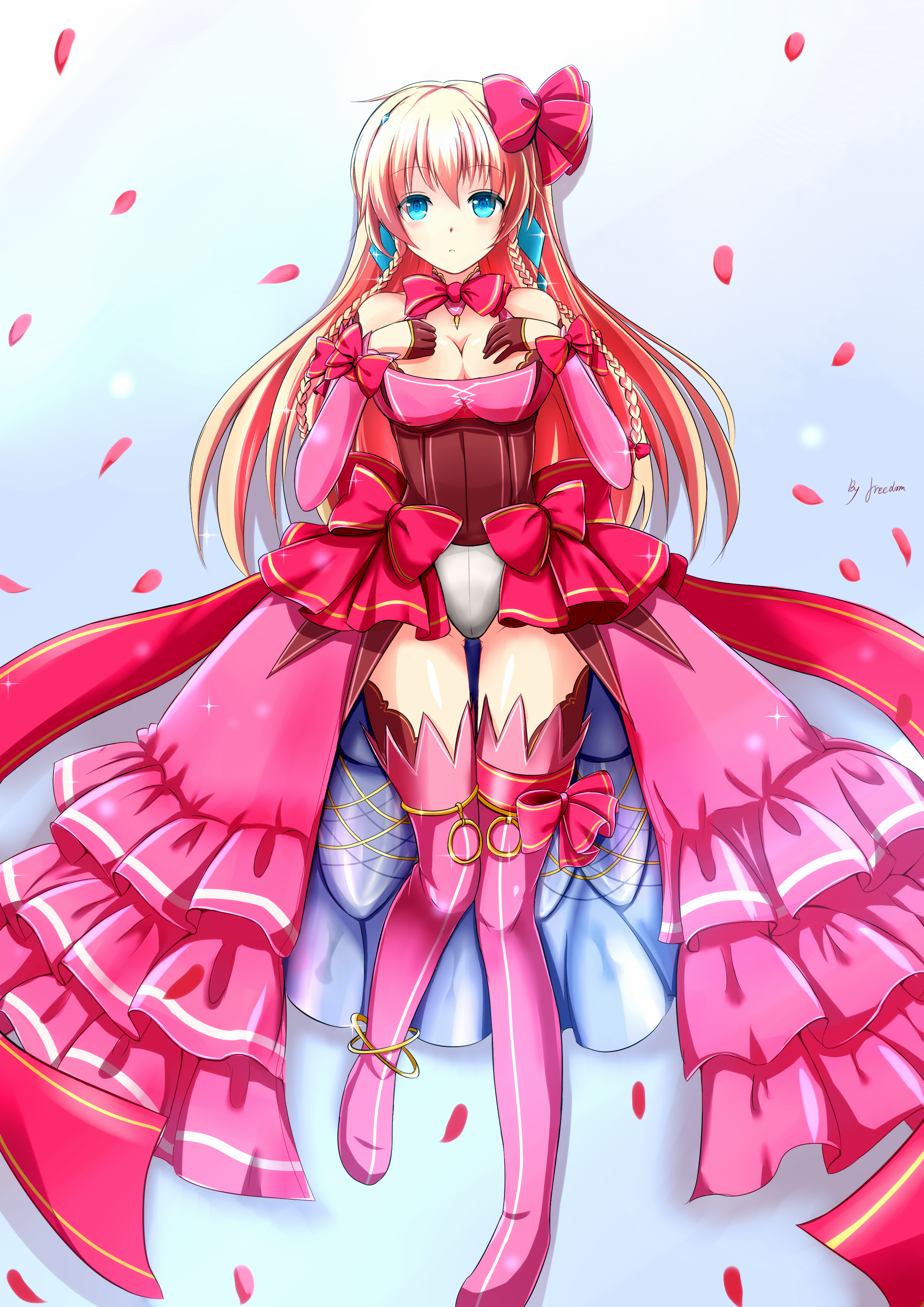 saber-freedom, utahime arthur, kai-ri-sei million arthur, million arthur (series), absurdres, highres, 1girl, artist name, bare shoulders, blonde hair, blue eyes, boots, braid, breasts, brown corset, cleavage, corset, detached sleeves, dress, earrings, hair ribbon, hand on own chest, jewelry, large breasts, leotard, leotard under clothes, long hair, neck ribbon, pink boots, pink dress, pink ribbon, ribbon, solo, thigh boots, thighs, twin braids, white leotard