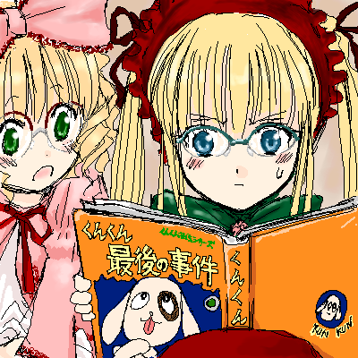 hinaichigo, kunkun, shinku, rozen maiden, lowres, 00s, 2girls, bespectacled, blonde hair, blue eyes, blush, bonnet, book, bow, glasses, green eyes, hair ribbon, long sleeves, multiple girls, oekaki, open book, open mouth, pink bow, reading, ribbon, sweatdrop, text focus, twintails