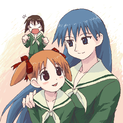 kaori (azumanga daioh), mihama chiyo, sakaki (azumanga daioh), azumanga daiou, maria-sama ga miteru, lowres, 3girls, :d, ^^^, age difference, blank eyes, blue eyes, blue hair, blush, bob cut, bow, brown eyes, brown hair, child, closed mouth, collarbone, crossover, eye contact, green neckerchief, green sailor collar, green shirt, hair bow, jealous, long hair, long sleeves, looking at another, multiple girls, neckerchief, oekaki, onee-loli, open mouth, orange hair, parody, red bow, sailor collar, school uniform, serafuku, shirt, short hair, short twintails, smile, twintails, upper body, yuri