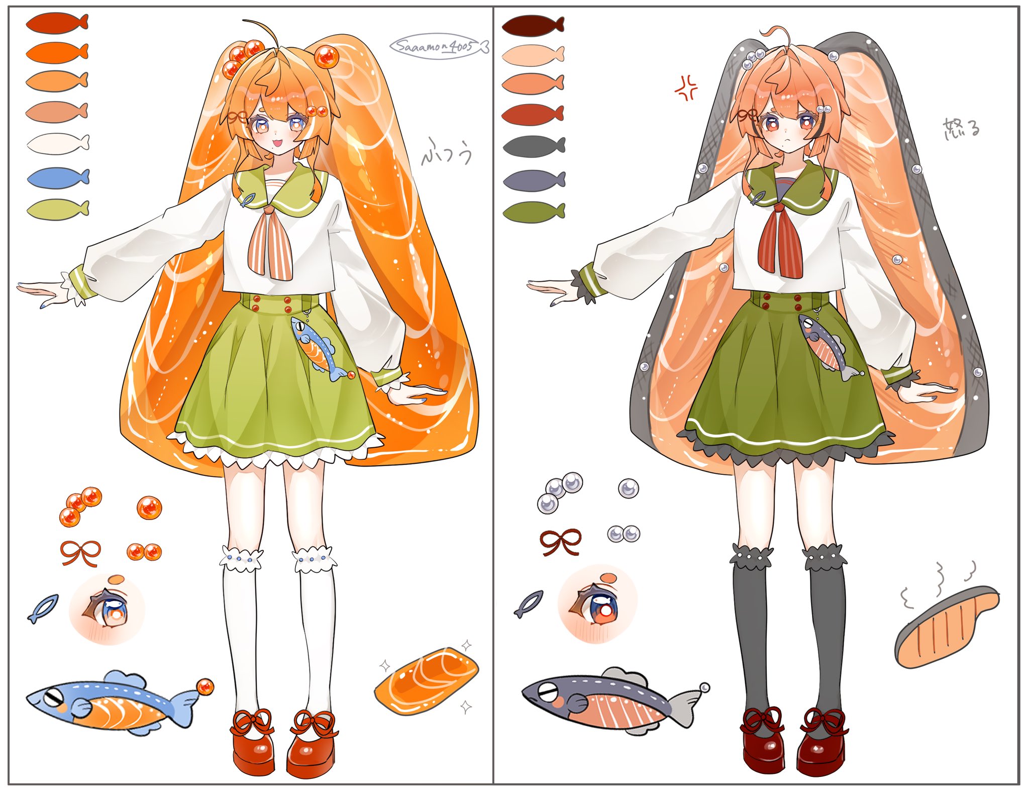 samon (vxxr8575), original, commentary request, highres, 2girls, :<, :d, ahoge, anger vein, artist name, black nails, black socks, blue nails, closed mouth, double-parted bangs, food, food-themed hair, frilled skirt, frills, full body, green sailor collar, green skirt, kneehighs, long hair, long sleeves, looking at viewer, mole, mole under mouth, multiple girls, nail polish, open mouth, orange eyes, orange hair, red shoes, sailor collar, salmon, salmon (fish), shirt, shoes, skirt, smile, socks, twintails, very long hair, white background, white shirt, white socks