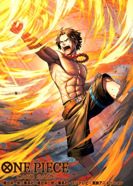 sennsu, portgas d. ace, one piece, one piece card game, commentary request, official art, 1boy, abs, attack, belt, black hair, black shorts, clenched hands, copyright name, feet out of frame, fire, jewelry, male focus, necklace, open mouth, pearl necklace, short hair, shorts, solo, topless male
