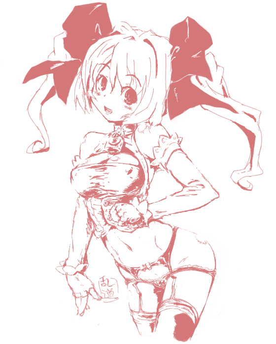 randou, original, character request, source request, 1girl, breasts, elbow gloves, female focus, fingerless gloves, garter belt, gloves, lingerie, monochrome, red theme, simple background, solo, thighhighs, twintails, underwear