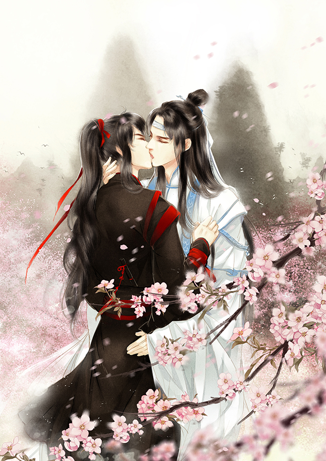 lan wangji, wei wuxian, modao zushi, chinese commentary, 2boys, black hair, black hanfu, blurry, branch, cherry blossoms, chinese clothes, closed eyes, clothes grab, couple, depth of field, dizi, falling petals, faux traditional media, flower, flute, flute tassel, french kiss, hair ribbon, hand on another's neck, hanfu, headband, hug, instrument, kiss, liyueru8908, long hair, long sleeves, male focus, mountain, multiple boys, petals, pink flower, ponytail, red ribbon, red sash, ribbon, robe, sash, sidelocks, standing, tassel, tongue, tongue out, topknot, transverse flute, tree, white hanfu, white headband, wide sleeves, xiao guan (headdress), yaoi