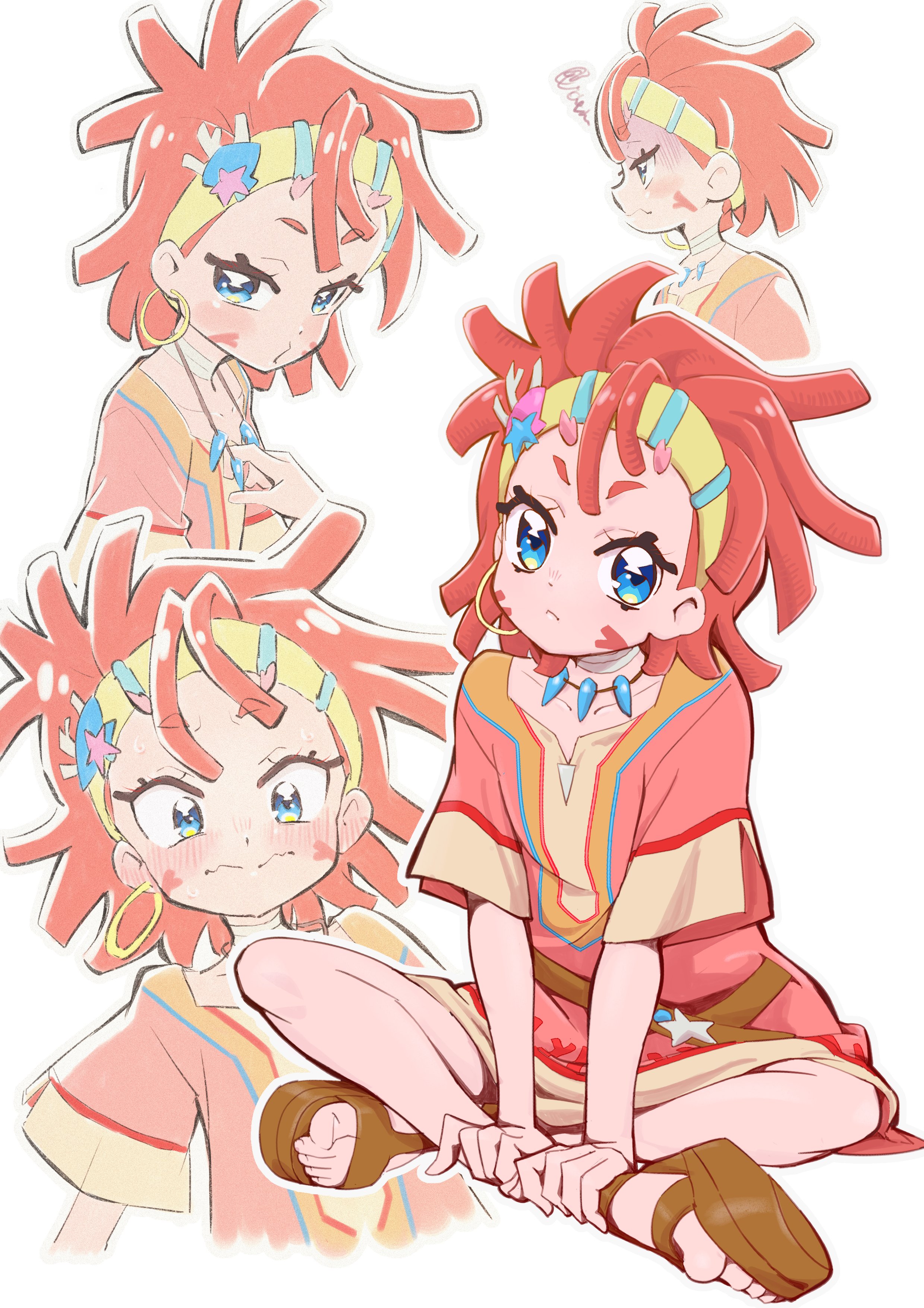 itaoka1, kimi to idol precure, precure, absurdres, highres, 1girl, blue eyes, blush, closed mouth, colored eyelashes, colored skin, crossed legs, dress, earrings, embarrassed, headband, hoop earrings, jewelry, looking at viewer, multiple expressions, red hair, red skin, sandals, shell, short hair, short sleeves, single earring, sitting, solo focus, star (symbol), tentacle hair, tera (precure), thick eyebrows