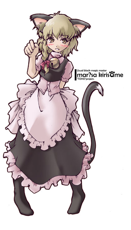 marionette online, satomura kyou, kirisame marisa, touhou, 1girl, animal ears, blonde hair, braid, cat ears, cat girl, cat tail, character name, english text, engrish text, female focus, kemonomimi mode, ranguage, single braid, socks, solo, tail