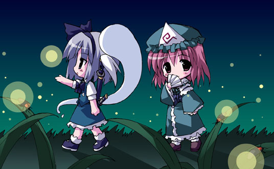 petenshi (dr. vermilion), konpaku youmu, konpaku youmu (ghost), saigyouji yuyuko, touhou, silver hair, white legwear, 2girls, black eyes, blush, bow, chibi, chibi only, female focus, fireflies, folding fan, glowing, grass, hair bow, hairband, hand fan, hat, hitodama, japanese clothes, katana, kimono, loafers, long sleeves, mary janes, multiple girls, night, obi, pink eyes, pink hair, sash, sheath, sheathed, shoes, short hair, skirt, skirt set, socks, straight hair, sword, triangular headpiece, vest, walking, weapon, wide sleeves