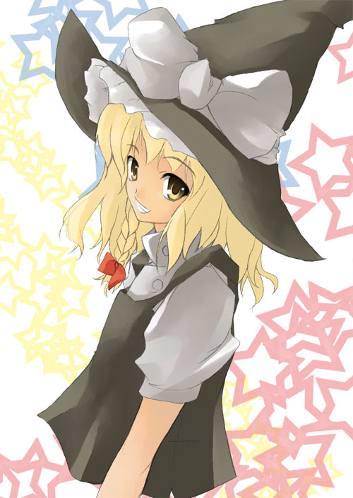 nakamura kusata, kirisame marisa, touhou, 1girl, blonde hair, braid, female focus, hat, looking back, single braid, smile, solo, witch, witch hat, yellow eyes