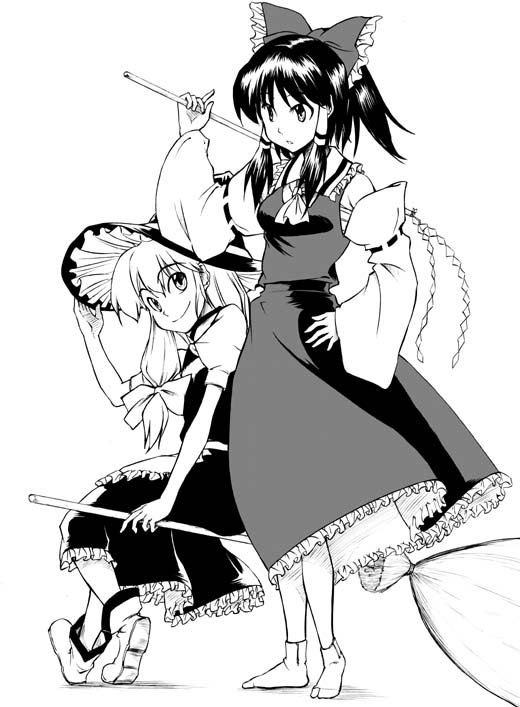 hikawa shou, hakurei reimu, kirisame marisa, touhou, 2girls, boots, bow, broom, broom riding, dress, female focus, greyscale, hair bow, half updo, hat, long hair, long sleeves, monochrome, multiple girls, sidesaddle, socks, witch, witch hat