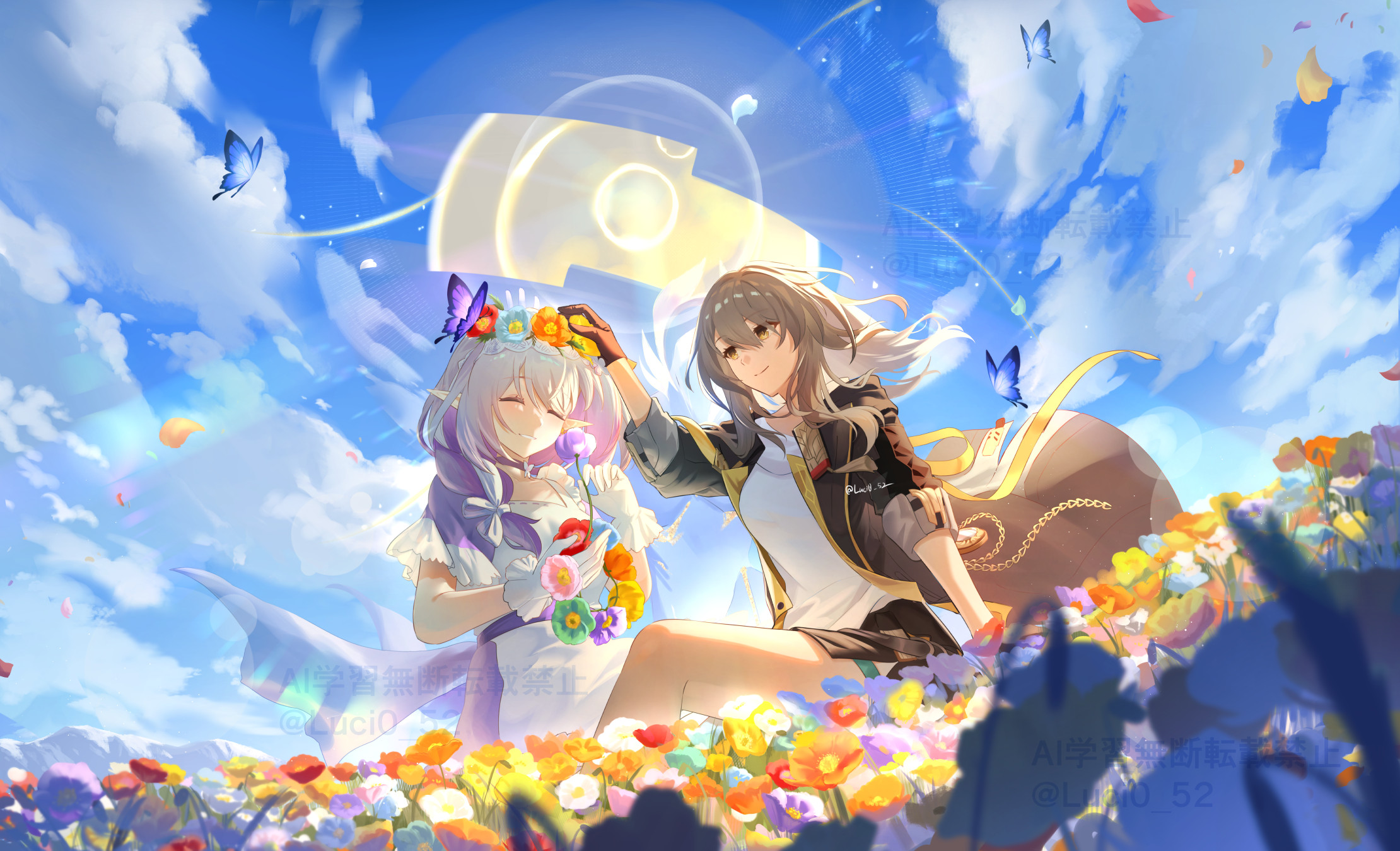 lucio (luci0 52), castorice (honkai: star rail), stelle (honkai: star rail), trailblazer (honkai: star rail), honkai: star rail, honkai (series), commentary request, highres, 2girls, black gloves, black jacket, black skirt, blue sky, breasts, bug, butterfly, cloud, dress, field, flower, flower field, gloves, grey hair, head wreath, holding head wreath, insect, jacket, long hair, medium breasts, medium hair, multiple girls, outdoors, pointy ears, purple hair, shirt, skirt, sky, smile, sunlight, very long hair, white dress, white gloves, white shirt, yellow eyes