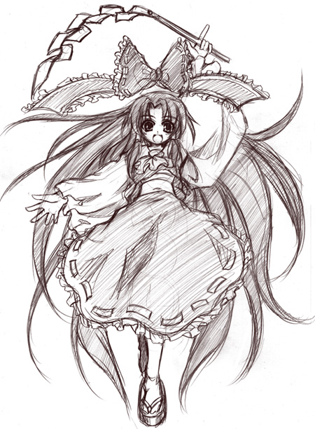 amamizu (myofuu kai), hakurei reimu, touhou, graphite (medium), traditional media, 1girl, :d, arm up, ascot, bow, female focus, frills, full body, geta, gohei, greyscale, hair bow, long hair, long sleeves, midriff, monochrome, navel, open mouth, simple background, skirt, skirt set, smile, solo, very long hair, white background