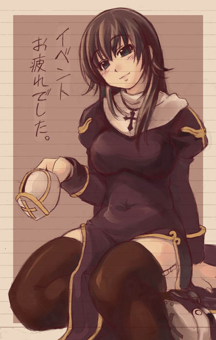 mil (xration), priest (ragnarok online), ragnarok online, translated, 1girl, blush, female focus, garter belt, hat, head tilt, holding, holding unworn clothes, holding unworn hat, lingerie, long sleeves, priest, priestess, sketch, solo, thighhighs, underwear, unworn hat, unworn headwear, white hat