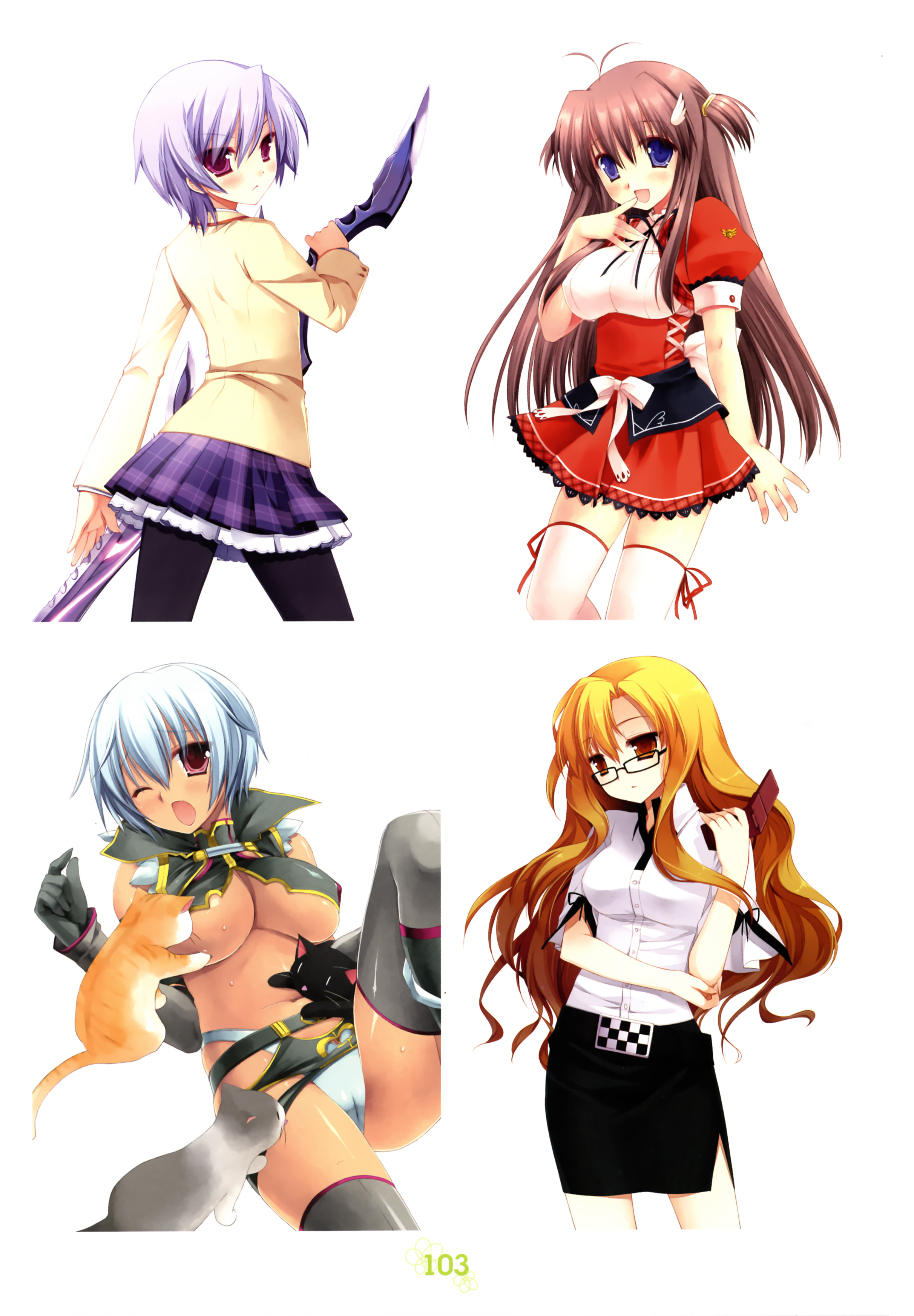 miyasu risa, irma (queen's blade), kiryuu moeka, kishimoto ayase, chaos;head, queen's blade, science adventure, steins;gate, absurdres, artist request, character request, highres, official art, bare legs, black-framed eyewear, blazer, blonde hair, breasts, brown jacket, cameltoe, collared shirt, crossover, d-sword, dress, dress shirt, glasses, holding, holding sword, holding weapon, implied breast sucking, jacket, pantyhose, pencil skirt, school uniform, shirt, side slit, skirt, suimei academy school uniform, sword, thighhighs, thighs, underboob, weapon, wet, white thighhighs