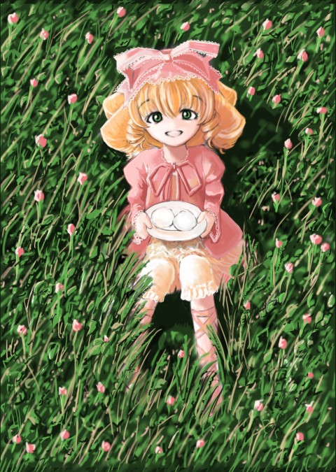 amano takumi, hinaichigo, rozen maiden, 00s, 1girl, blonde hair, bloomers, bow, dress, drill hair, female focus, flower, grass, green eyes, grin, hair bow, holding, long sleeves, looking at viewer, outdoors, pink bow, pink dress, plate, short hair, sitting, smile, solo, underwear, white bloomers