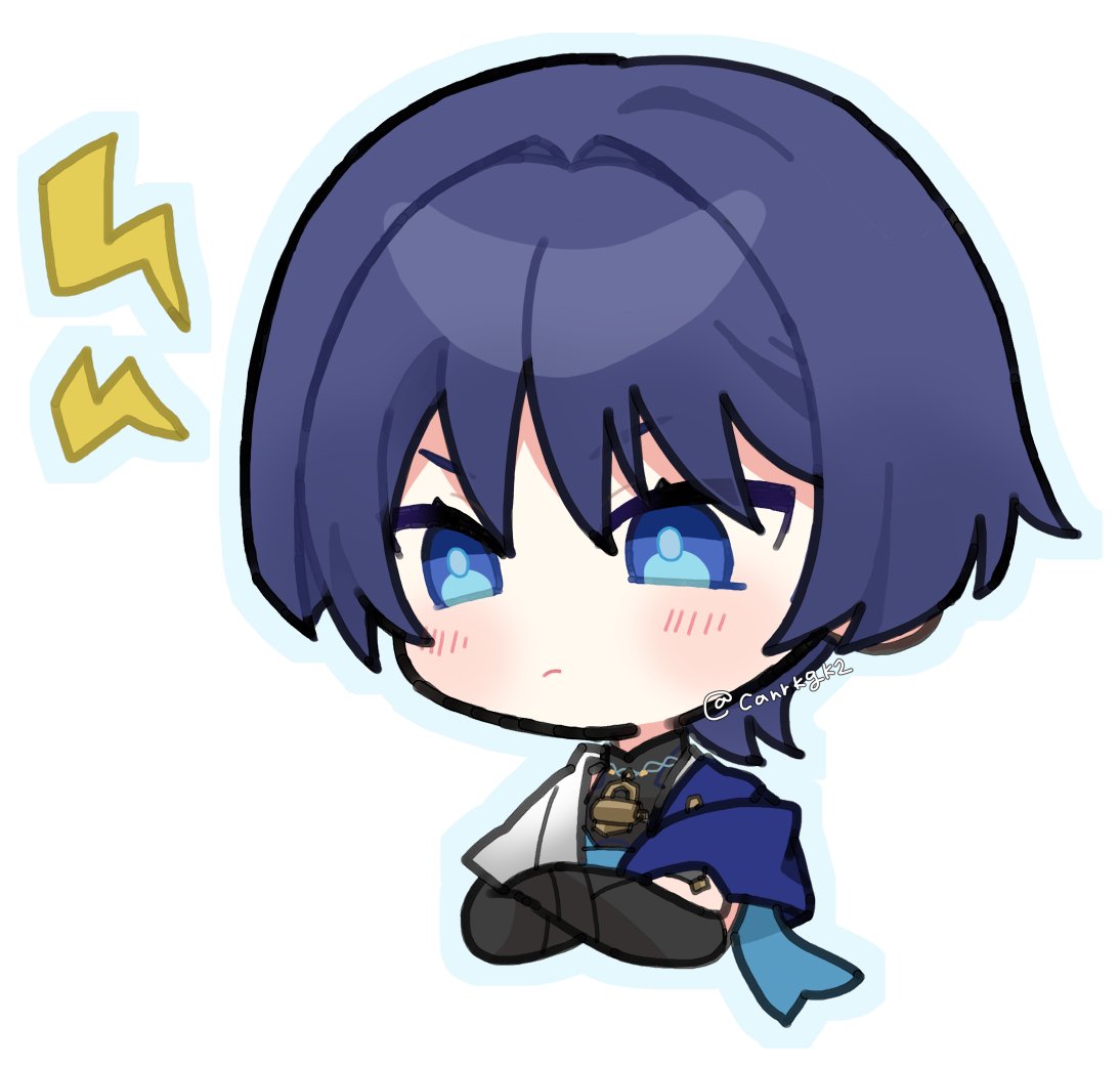 scaramouche (genshin impact), wanderer (genshin impact), genshin impact, 1boy, armor, black bodysuit, black bridal gauntlets, blue cape, blue eyes, blue kimono, blunt ends, blush, bodysuit, bridal gauntlets, canca37g, cape, closed mouth, cropped torso, crossed arms, gold ring, hair intakes, hand on own arm, japanese armor, japanese clothes, juban, kimono, kote, kurokote, looking to the side, male focus, mandarin collar, middle ring, open clothes, open kimono, purple hair, short sleeves, shoulder peek, solo, twitter username, white background, white kimono, white sleeves, wispy bangs