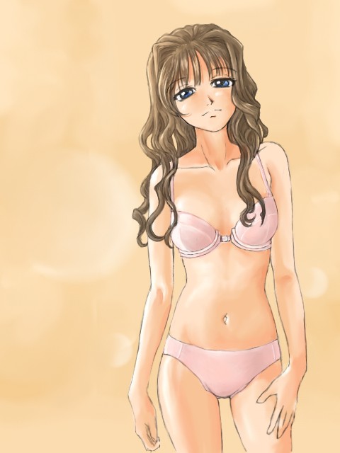 amano takumi, misaka kaori, kanon, hand on thigh, 1girl, blue eyes, bra, brown hair, collarbone, cowboy shot, female focus, frown, hand on own thigh, lingerie, long hair, looking at viewer, navel, orange background, panties, pink bra, pink panties, simple background, sketch, solo, underwear, underwear only, wavy hair