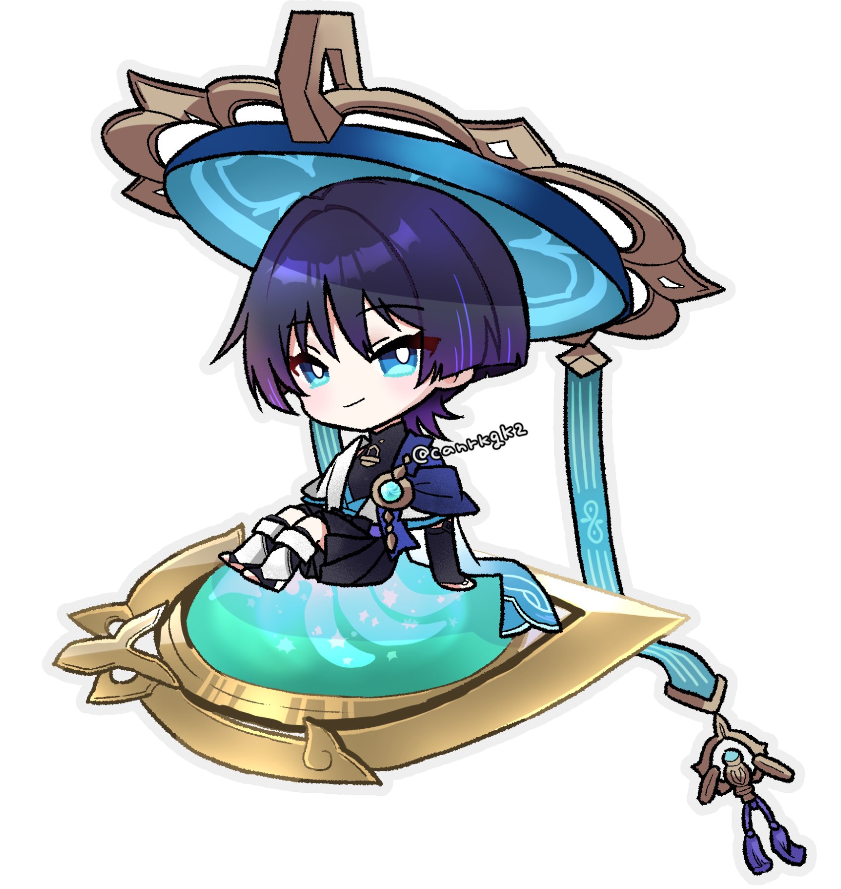 scaramouche (genshin impact), wanderer (genshin impact), genshin impact, highres, 1boy, anemo symbol (genshin impact), arm support, arms at sides, black bodysuit, black bridal gauntlets, black shorts, blue cape, blue eyes, blue gemstone, blue hat, blue kimono, blue sleeves, blunt ends, bodysuit, bridal gauntlets, bridal legwear, canca37g, cape, chibi, closed mouth, full body, furisode, gem, gold, hair intakes, hakama, hakama shorts, hat, japanese clothes, jingasa, juban, kimono, layered sleeves, leg warmers, looking at viewer, male focus, mandarin collar, open clothes, open kimono, pleated shorts, purple hair, short sleeves, shorts, shoulder peek, sitting, smile, solo, stirrup legwear, toeless legwear, twitter username, vision (genshin impact), white background, white kimono, white leg warmers, white sleeves, wispy bangs