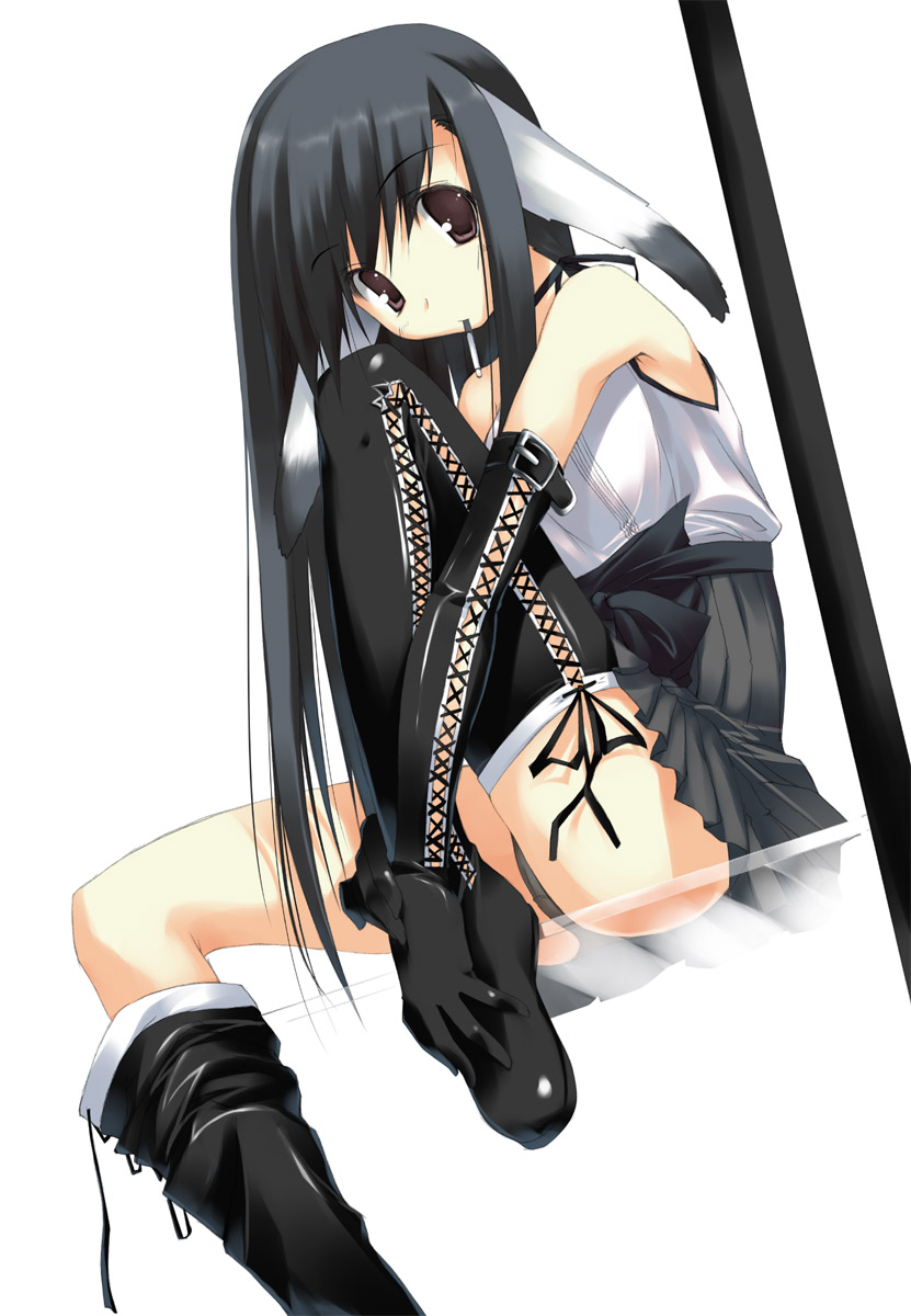 kagome (traumatize), original, highres, 1girl, animal ears, asymmetrical clothes, bare shoulders, black eyes, black gloves, black hair, black panties, black thighhighs, boots, cigarette, dress, elbow gloves, female focus, gloves, leg hold, leg lift, long hair, panties, pantyshot, rabbit ears, single thighhigh, sitting, sleeveless, solo, thigh boots, thighhighs, underwear