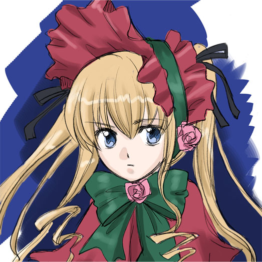 gyokusaijima, shinku, rozen maiden, 00s, 1girl, blonde hair, blue background, blue eyes, bonnet, bow, closed mouth, expressionless, female focus, flower, long hair, pink flower, pink rose, ribbon, rose, sidelocks, solo, twintails