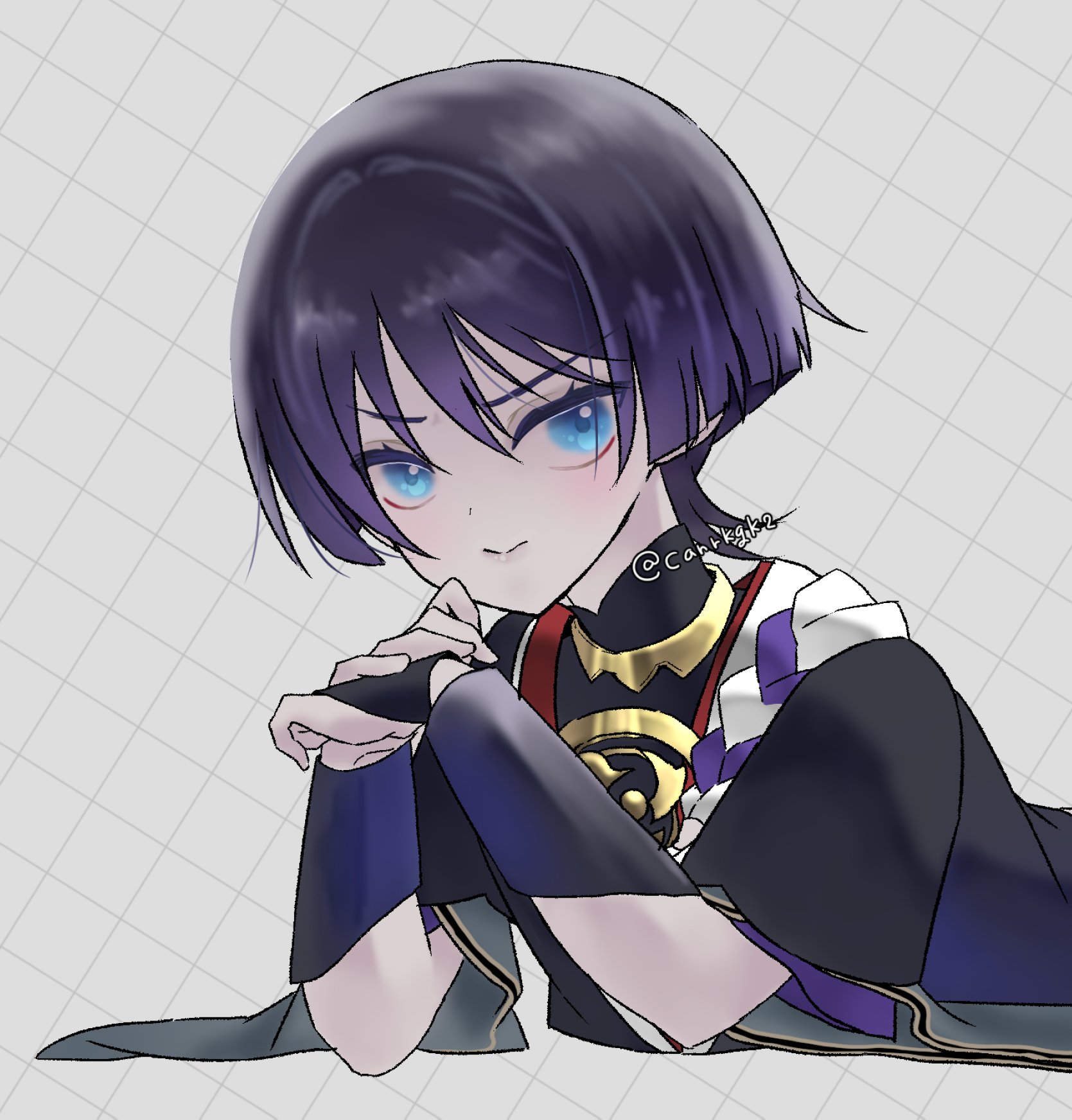 scaramouche (genshin impact), genshin impact, highres, 1boy, armor, black bodysuit, black hair, black kimono, black sleeves, blue eyes, blunt ends, bodysuit, canca37g, closed mouth, colored tips, elbows on ground, eyelashes, furisode, gold, gold trim, grey background, grey lips, grid background, japanese armor, japanese clothes, jewelry, juban, kimono, kote, kurokote, layered sleeves, looking at viewer, lying, male focus, mandarin collar, mitsudomoe (shape), multicolored hair, neck ring, on stomach, own hands together, purple hair, purple rope, purple sleeves, red kimono, rope, shimenawa, smile, solo, tomoe (symbol), twitter username, upper body, white rope, wispy bangs