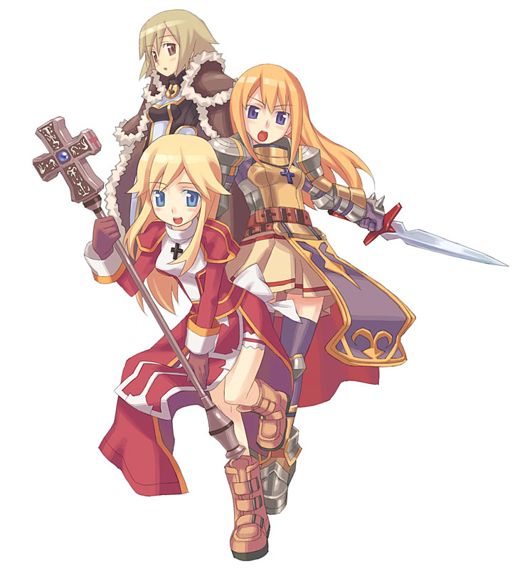 tanaka (cow), high priest (ragnarok online), high wizard (ragnarok online), lord knight (ragnarok online), ragnarok online, 3girls, armor, armored dress, belt, blonde hair, blue eyes, boots, brown eyes, cross, dress, gloves, latin cross, leg lift, long hair, multiple girls, purple eyes, smile, staff, standing, sword, thighhighs, weapon, zettai ryouiki