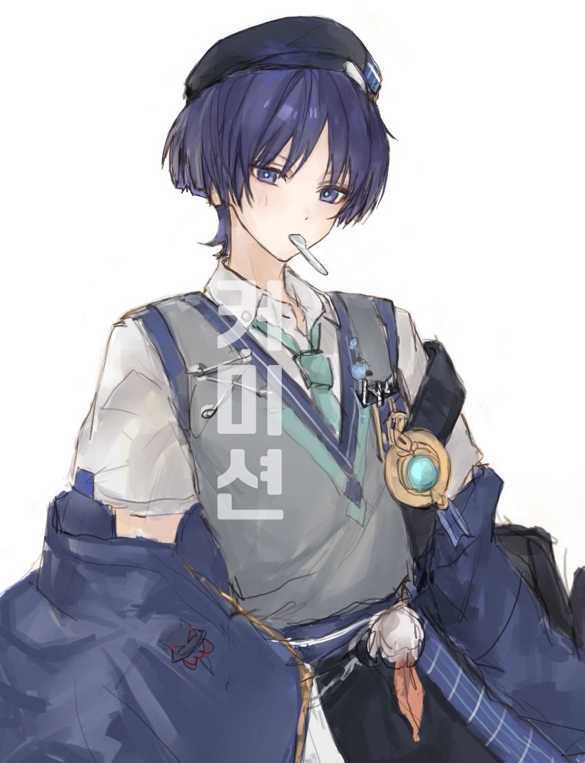 x makila, scaramouche (cat) (genshin impact), scaramouche (genshin impact), wanderer (genshin impact), wanderer (mega mgc coffee) (genshin impact), genshin impact, 1boy, alternate costume, aqua gemstone, aqua necktie, arms at sides, beret, black hat, black jacket, blue pupils, blunt ends, clothes down, collared shirt, contemporary, eyeliner, eyeshadow, feathers, gem, gold, hat, jacket, looking at viewer, makeup, male focus, necktie, official alternate costume, pom pom (clothes), purple eyes, purple hair, purple trim, red eyeliner, red eyeshadow, school uniform, shirt, short sleeves, sketch, solo, tsurime, upper body, utensil in mouth, vision (genshin impact), watermark, white background, white shirt, white sleeves, yellow feathers