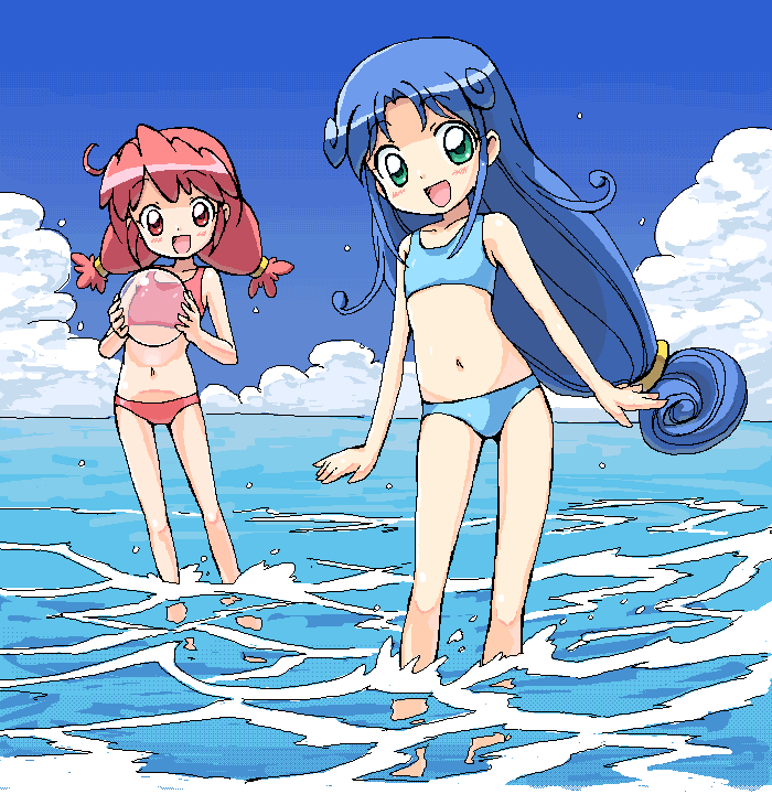 fine (futagohime), rein (futagohime), fushigiboshi no futago hime, 00s, 2girls, ahoge, ball, beachball, bikini, blue hair, blush, cloud, day, flat chest, green eyes, happy, holding, holding ball, holding beachball, long hair, multiple girls, navel, oekaki, outdoors, pink hair, ponytail, red eyes, see-through clothes, sky, sports bikini, swimsuit, tankini, twintails, very long hair, wading, water