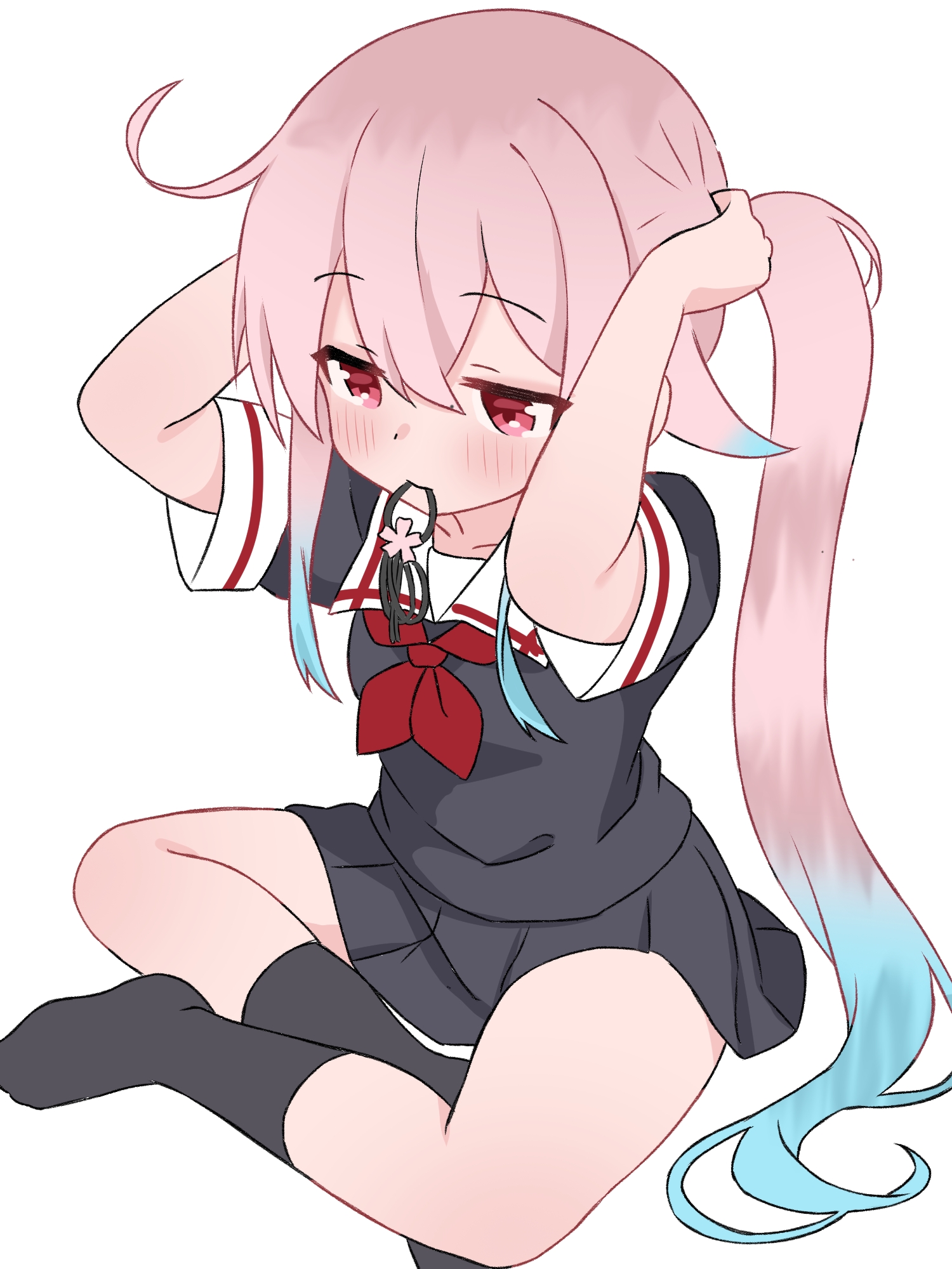 matu (matu19), harusame (kancolle), kantai collection, 1girl, ahoge, black shirt, black skirt, black socks, blue hair, blush, collarbone, flower, gradient hair, hair flower, hair ornament, long hair, looking down, mouth hold, multicolored hair, neckerchief, pink flower, pink hair, ponytail, red eyes, red neckerchief, rubber band, school uniform, serafuku, shirt, short sleeves, side ponytail, sidelocks, sitting, skirt, smile, socks, two-tone hair, tying hair, unworn hair ornament, white background