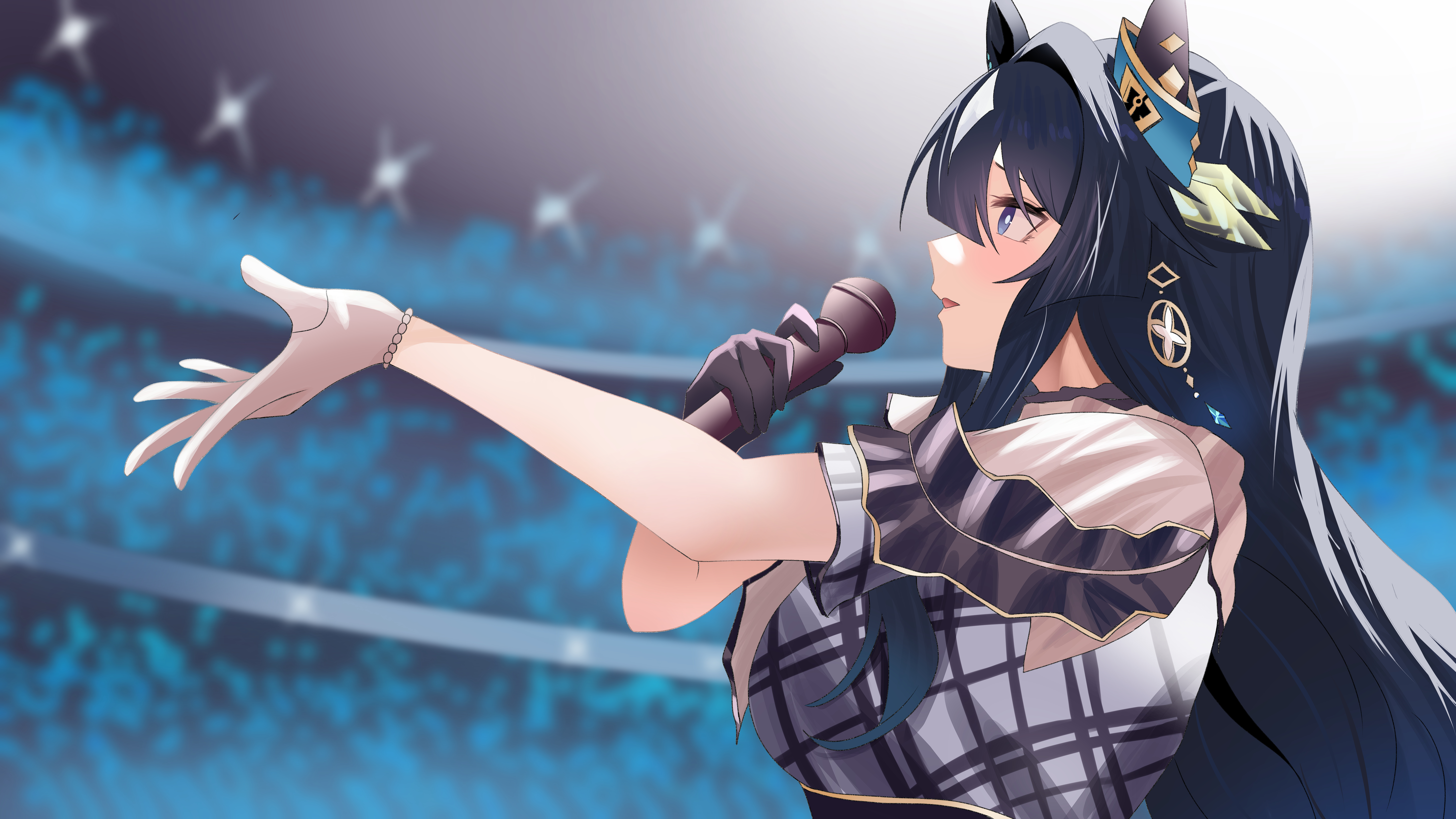 kirameki (rikukaikuu), verxina (umamusume), umamusume, absurdres, highres, 1girl, animal ears, asymmetrical gloves, black gloves, blue eyes, blue hair, concert, crowd, from side, gloves, holding, holding microphone, horse ears, long hair, microphone, mismatched gloves, music, singing, solo, trailblazer bash! (umamusume), white gloves