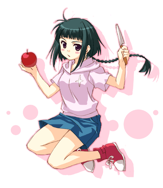 sato-pon, okuzaki akira, my-hime, 00s, 1girl, apple, black hair, blush, braid, breasts, casual, denim, denim skirt, female focus, floating hair, food, from side, fruit, full body, holding, holding food, holding fruit, hood, hoodie, jumping, knife, long hair, looking at viewer, miniskirt, parted lips, purple eyes, shadow, shoes, short sleeves, sidelocks, simple background, single braid, skirt, small breasts, sneakers, solo, white background