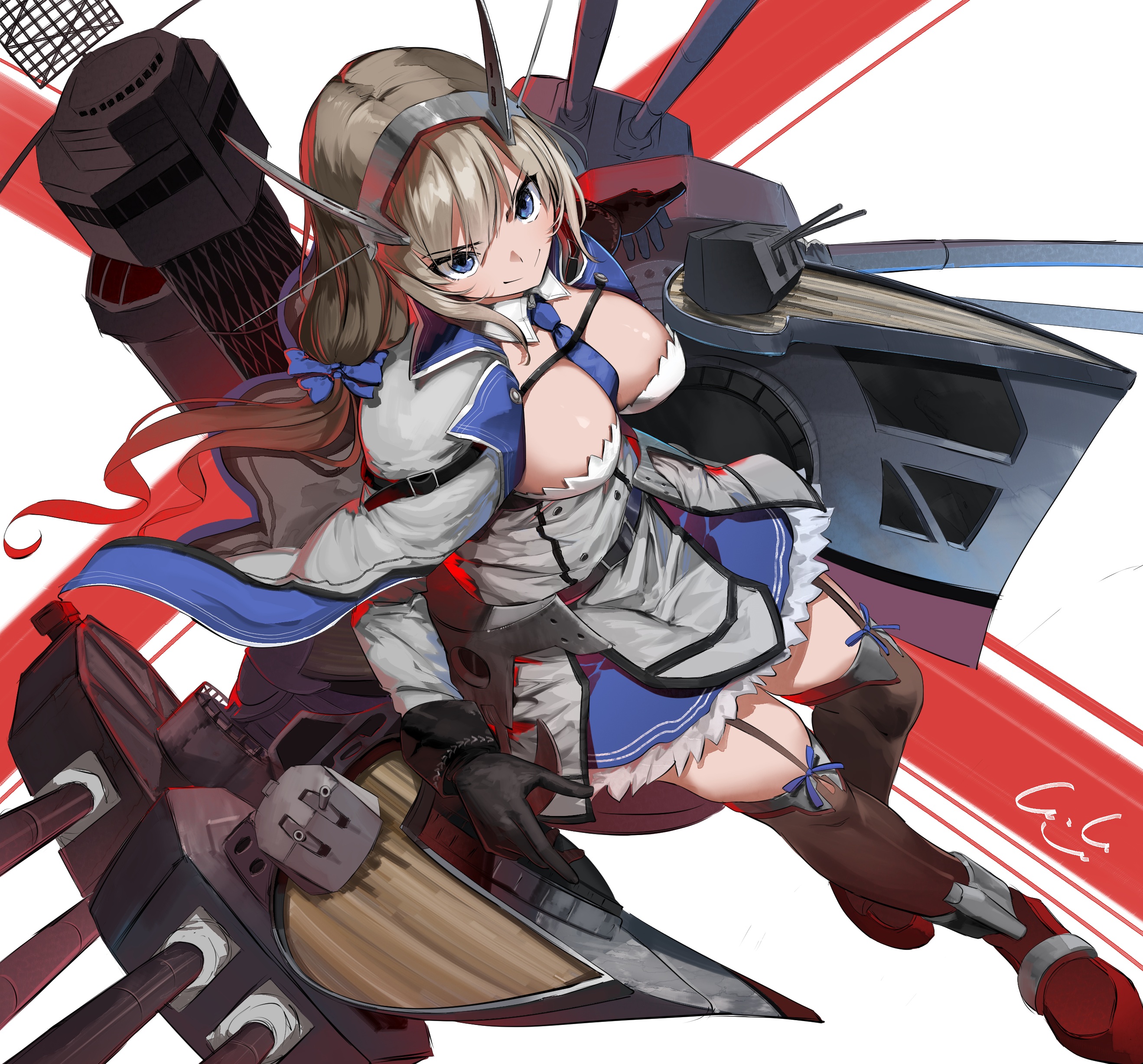 gegesan, maryland (kancolle), kantai collection, absurdres, highres, 1girl, artist logo, black gloves, blue eyes, blue necktie, breasts, cannon, detached collar, dress, from above, garter straps, gloves, grey dress, grey hair, logo, looking at viewer, low twintails, machinery, necktie, rigging, ship turret, solo, twintails