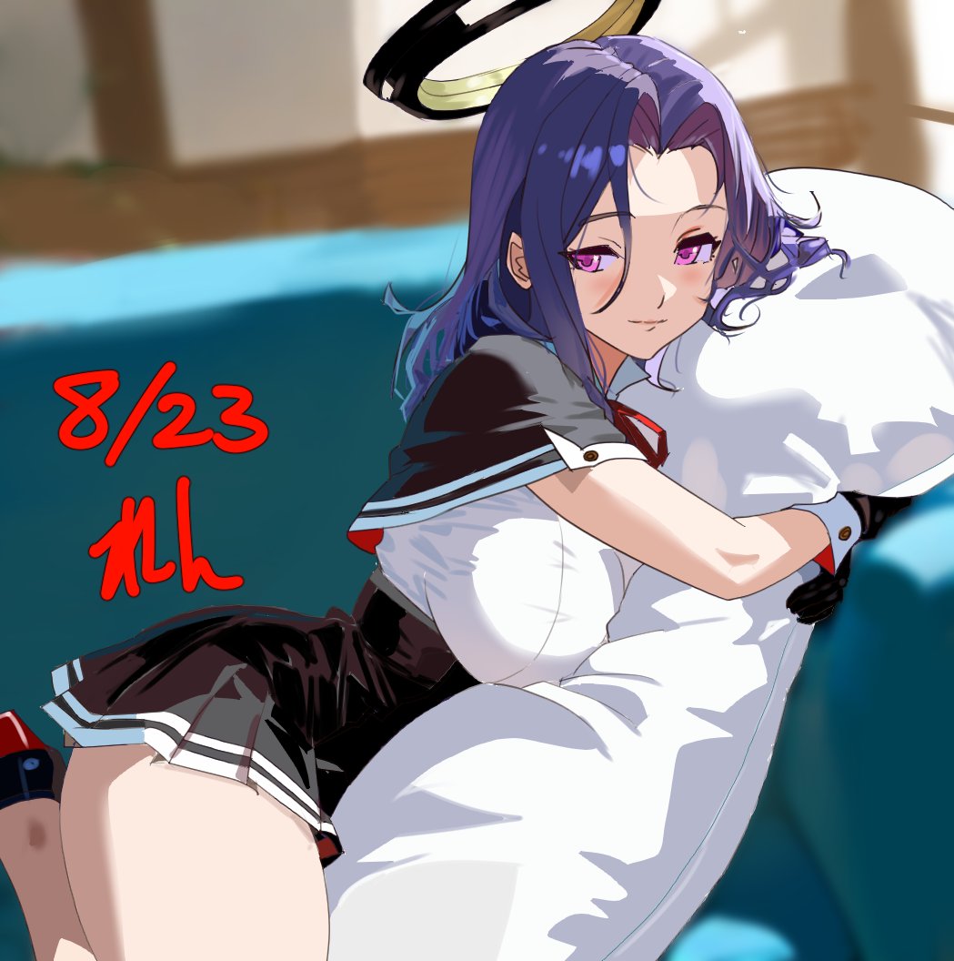 ren (pawer1945), tatsuta (kancolle), tatsuta kai ni (kancolle), kantai collection, commentary request, 1girl, artist name, black capelet, black gloves, breasts, capelet, couch, dated, gloves, hair intakes, halo, headgear, high-waist skirt, holding, holding pillow, indoors, large breasts, long hair, looking at viewer, mechanical halo, on couch, one-hour drawing challenge, pillow, purple eyes, purple hair, skirt, smile, solo