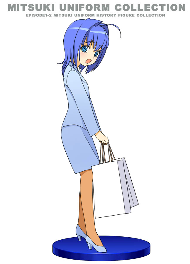 a1 (initial-g), hayase mitsuki, kimi ga nozomu eien, blue footwear, 00s, 1girl, bag, blue eyes, blue hair, blue suit, business suit, female focus, figure, figure stage, formal clothes, full body, jacket, long hair, long sleeves, matching hair/eyes, open mouth, pantyhose, pencil skirt, shopping bag, skirt, skirt suit, solo, suit, white background